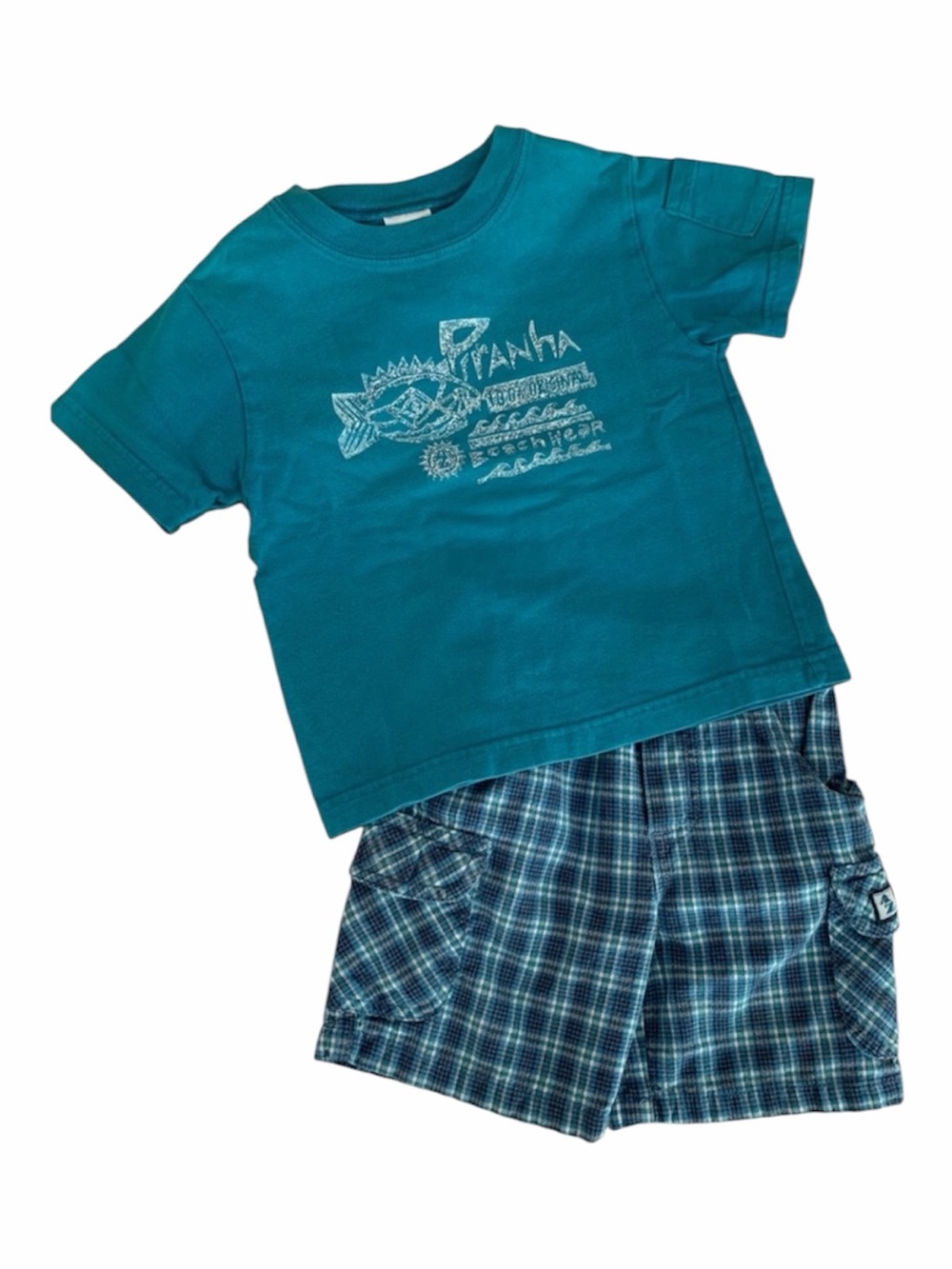 VTG Arizona Jean Co Boys Size 2T Plaid Shorts Blue Piranha Graphic Surf Tee 2 Pc